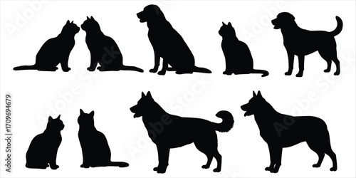 Collection of black dog and cat silhouettes in various poses on a white background vector illustration
