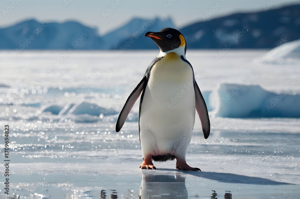 Fototapeta premium Adelie Penguin Standing on Ice in Antarctic Landscape with Snow and Mountains