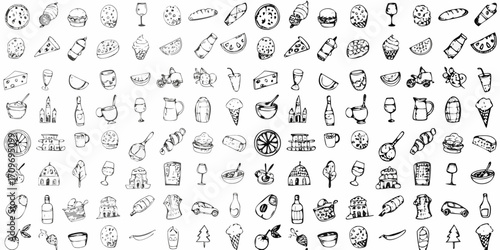 Collection of hand drawn black and white sketch icons representing food drinks buildings vehicles and nature elements