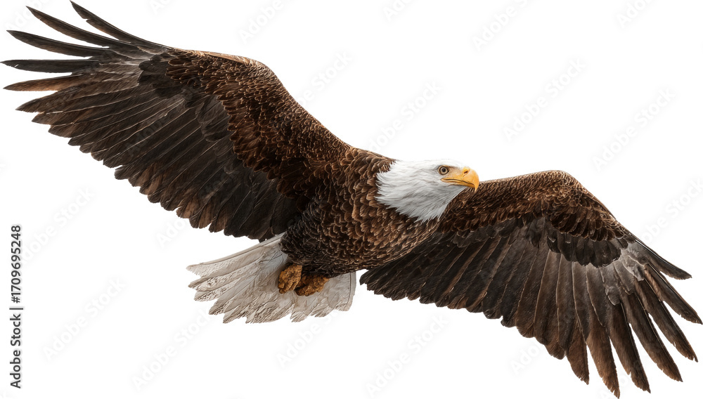 Obraz premium Bald Eagle Soaring High: Wings Extended in Flight