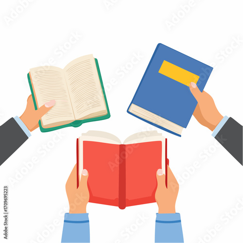 Characters hands holding closed and opened paper books. Literature, library, books exchange and book crossing concept. Vector illustration.