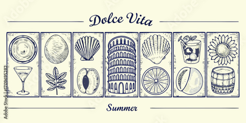 Dolce vita summer collage featuring italian landmarks and summer delights in vintage sketch style