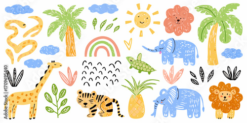 Cute cartoon safari animals and tropical elements collection for kids
