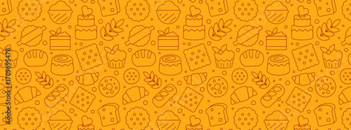 Seamless Linear and Outline Baking Icons Pattern Banner in a geometric style