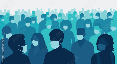 A crowd of people wearing face masks during a global health crisis.