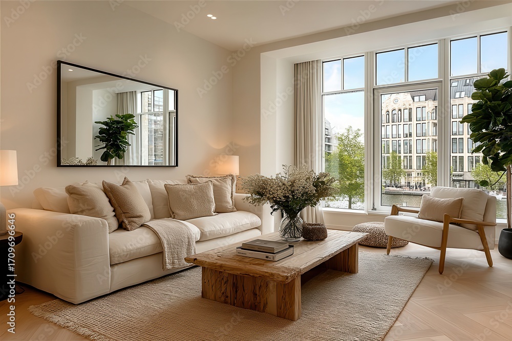 Fototapeta premium Elegant living room with modern decor and expansive window view overlooking cityscape
