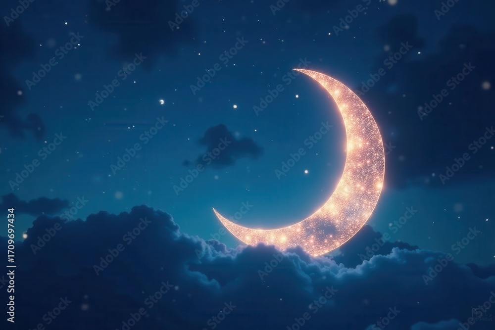 Fototapeta premium Bright crescent, tranquil blue backdrop Symbolic Ramadan start , Ramadan Kareem, background, fresh