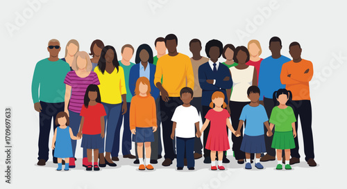 A diverse group of people standing together looking happy and connected.