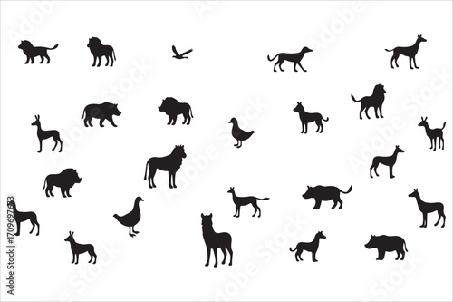 A diverse collection of various animal silhouettes, showcasing a wide range of species from land and air, presented as a graphic design element for educational or decorative purposes