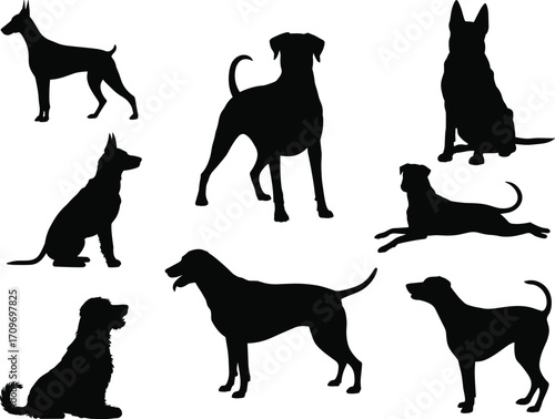 Seven Black Dog Silhouettes Showing Different Breeds and Poses on White animal canine