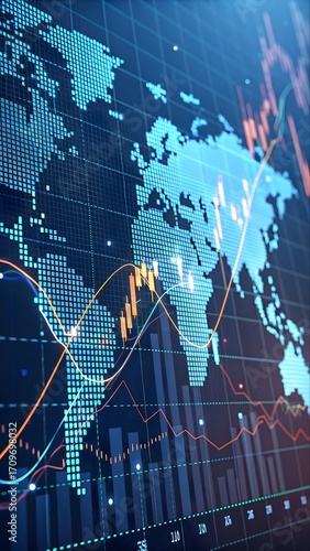 Global financial data visualization with world map, digital dots, bar graphs, and trend lines in modern abstract style on dark navy background