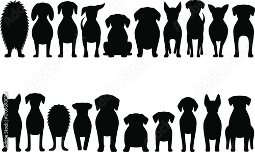 Silhouette Collection of Dogs and Hedgehogs on White Background Keywords: dog, silhouette, hedgehog, breed, animal, pet, canine