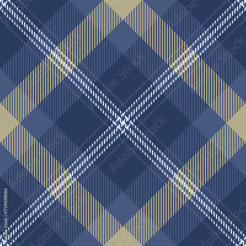 Classic tartan pattern in shades of blue and beige, crossed by white stripes. Ideal for backgrounds, textiles, and design projects needing a traditional touch.