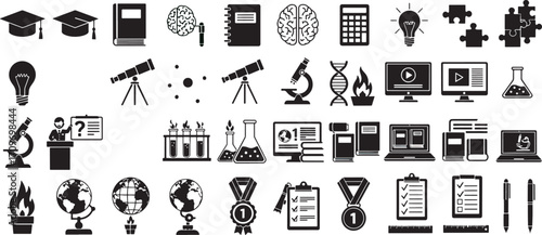 Knowledge and Science Black Pictograms Collection A Diverse Set of Educational Symbols