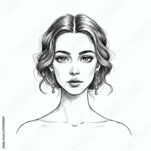 Chic pencil sketch portrait of a woman with wavy short hair and elegant earrings, realistic black and white drawing, expressive and attractive illustration.

