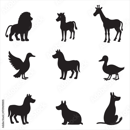 Collection of various animal silhouettes featuring a lion, zebra, giraffe, and dog. Vector icons set isolated on a white background for graphic design