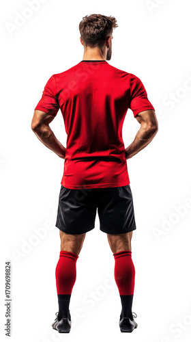 Rear view of a soccer player in red jersey and black shorts standing against a black background