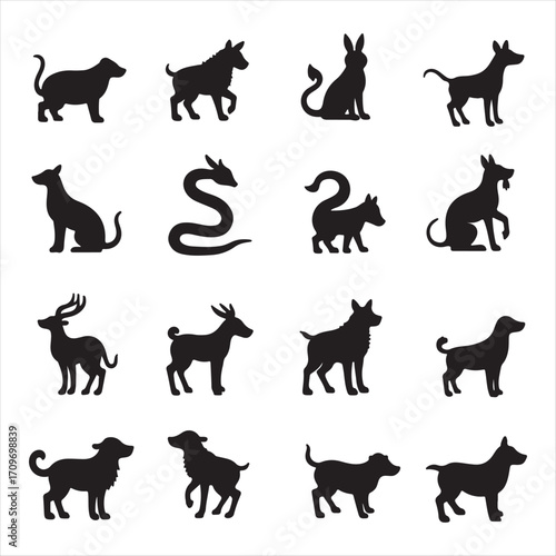 Collection of Stylized Silhouettes of Various Animals, Including Dogs and Other Creatures, in a Grid Layout