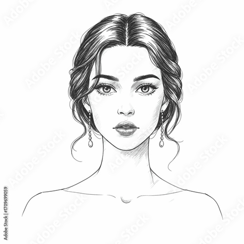 Elegant pencil sketch portrait of a woman with an updo hairstyle and dangling earrings, realistic black and white drawing, refined facial features illustration.
