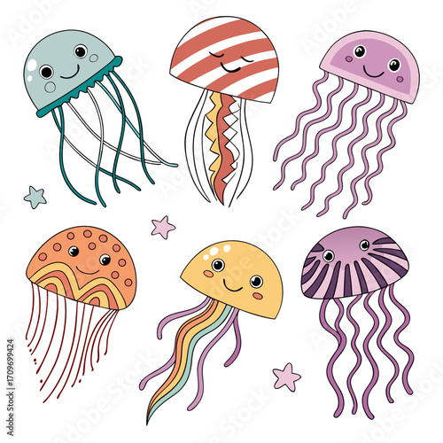 a group of jellyfishes with different colors
