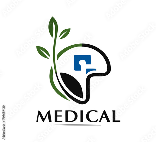Medical pharmacy logo. leaf with cross and people for medicine logo.