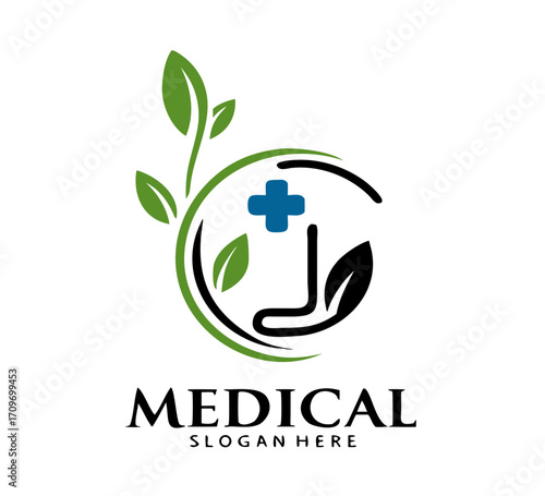 Medical pharmacy logo. leaf with cross and people for medicine logo.