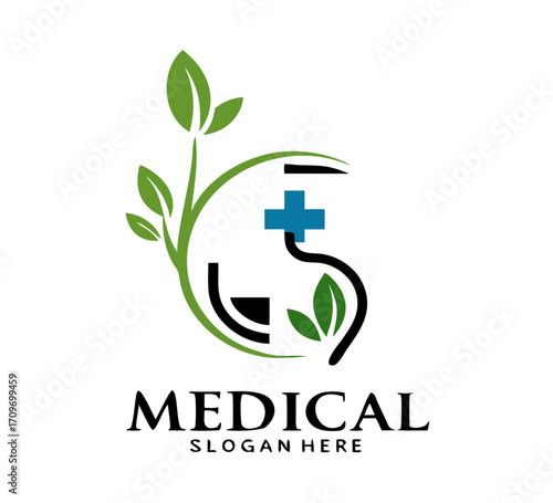 Medical pharmacy logo. leaf with cross and people for medicine logo.
