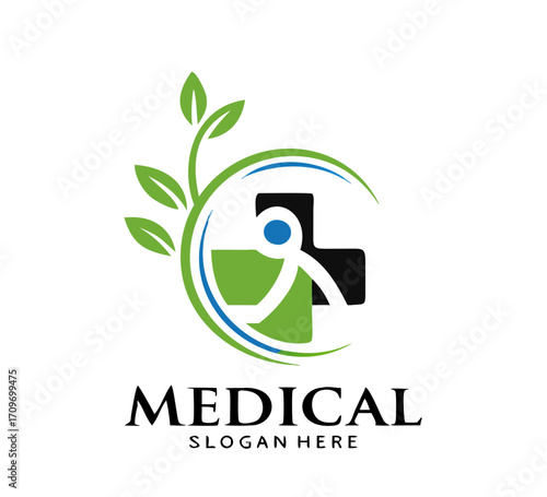 Medical pharmacy logo. leaf with cross and people for medicine logo.