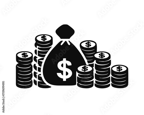 Money in Flat style . Dollars banknotes. money bag, Cash money, pile of coins. Vector icon illustration