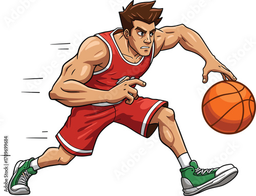 Energetic cartoon basketball player in red uniform dribbling ball, action pose, sports illustration, dynamic movement, athletic character, competitive game scene