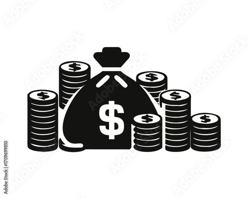 Money in Flat style . Dollars banknotes. money bag, Cash money, pile of coins. Vector icon illustration