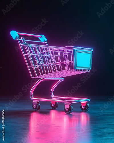 Sleek chrome shopping cart illuminated by vibrant neon pink and blue lights perfect for modern e-commerce promotion and retail concepts, Generative AI.