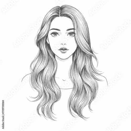 Beautiful Woman with Long Wavy Hair Pencil Drawing Portrait Sketch
