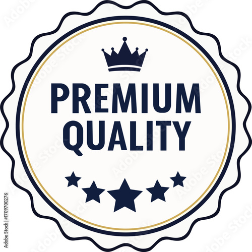 This elegant illustration features a badge design showcasing 'Premium Quality.' The round badge has a refined look with a crown and stars, perfect for use in branding, product labels, or marketing mat
