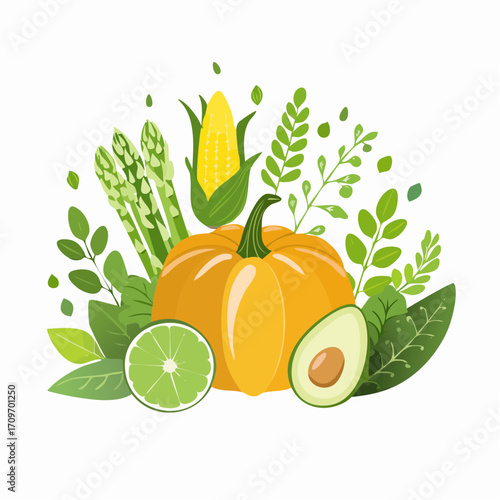 Vegetables and greens set. Asparagus, avocado, pumpkin, corn, spinach, peas assortment collection. Harvesting concept. Vector illustration.