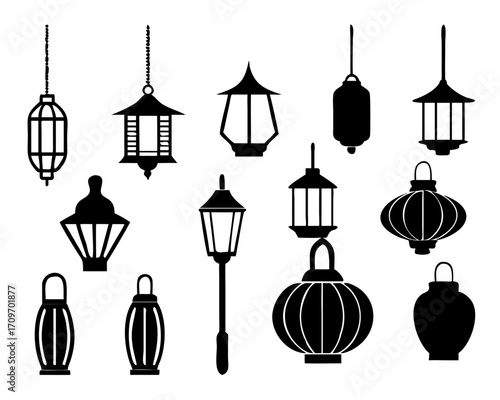 Set of Lanterns silhouettes vector icon. Japanese, Chinese. Arabic. European.