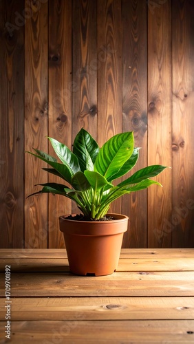 Houseplant in terracotta pot on wooden surface