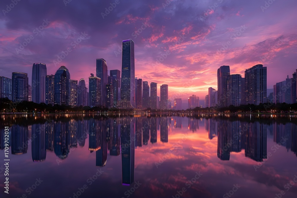 Fototapeta premium City skyline reflected in calm water during sunset.