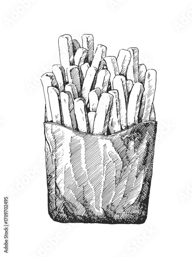 Burger Menu. Hand-drawn illustration of French fries. Ink. Vector	