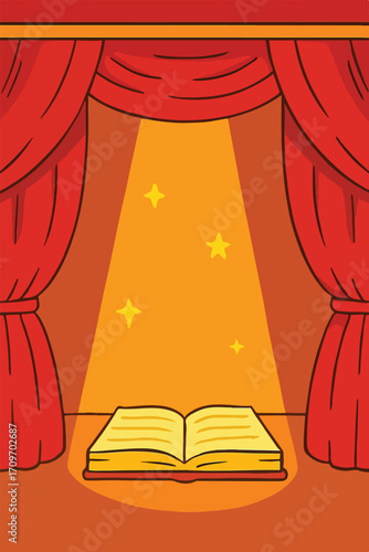 illustration of a book with a red curtain