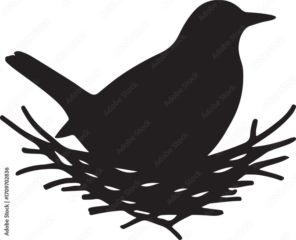 Fototapeta premium Blackbird in nest silhouette vector, charming design for wildlife, nature, and spring art.