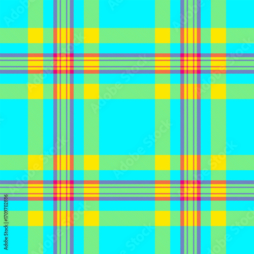 Doodle tartan fabric vector, panel background plaid textile. Native check seamless texture pattern in bright and radioactive colors.