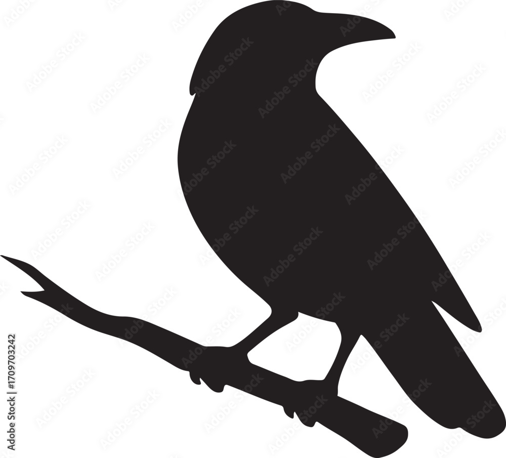 Fototapeta premium Crow perched on branch silhouette vector, striking design for wildlife, nature, and art.