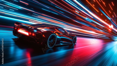 Dynamic sports car streaks through neon-lit city at incredible speed capturing futuristic motion and vibrant energy, Generative AI.