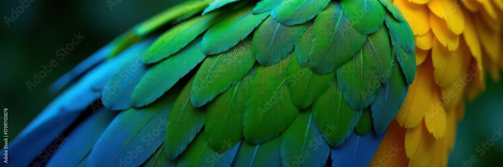 Obraz premium Vibrant blue, green, yellow macaw feathers; intricate detail , feather, smooth