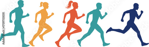 Marathon run. Group of running people, men and women. Set of isolated colored vector silhouettes. EPS version.