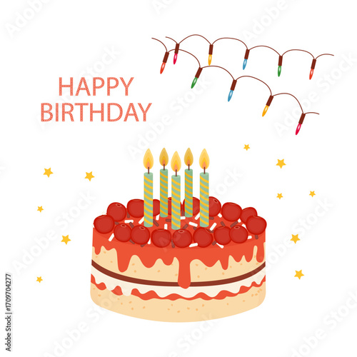 Birthday cake with lit candles, a garland of multicolored lights, and the text "Happy Birthday" on a white background. Square festive background. Greeting card. Bright banner for sale. Template.
