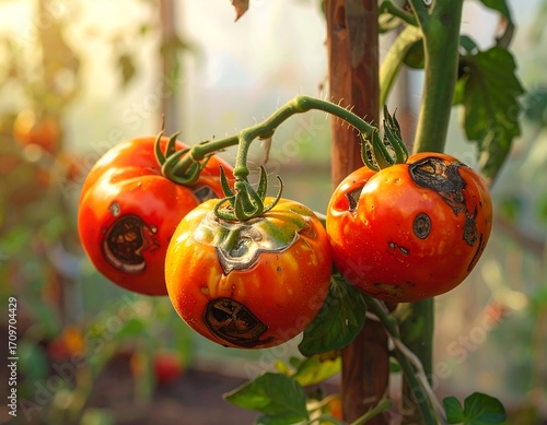 Ripe tomatoes affected by blossom end rot, showing a close-up view