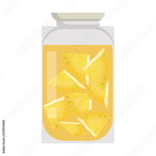 Pineapple chunks submerged in a jar of sweet, golden fruit preserve