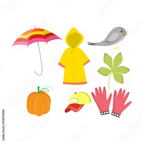 Colorful Illustrated Set of Autumn and Rainy Day Clothing and Objects